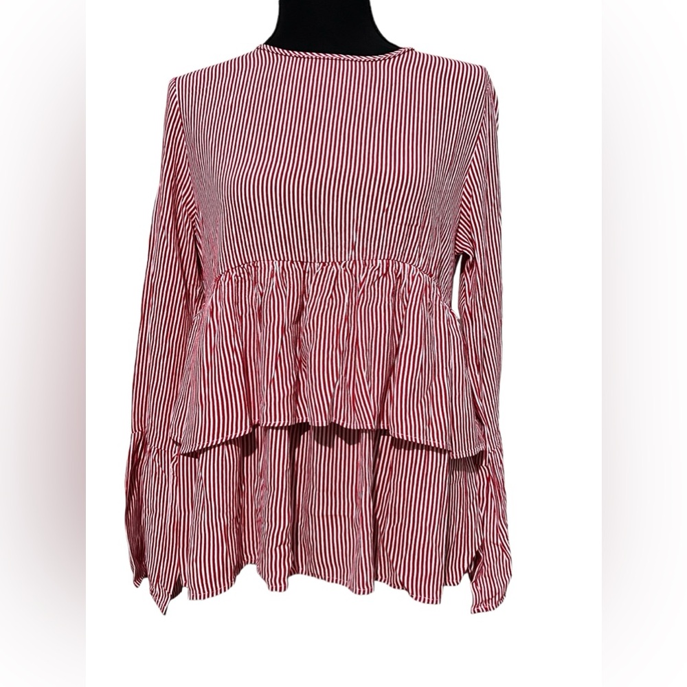 Zara tiered peplum blouse top bell long sleeves striped red white‎ size medium